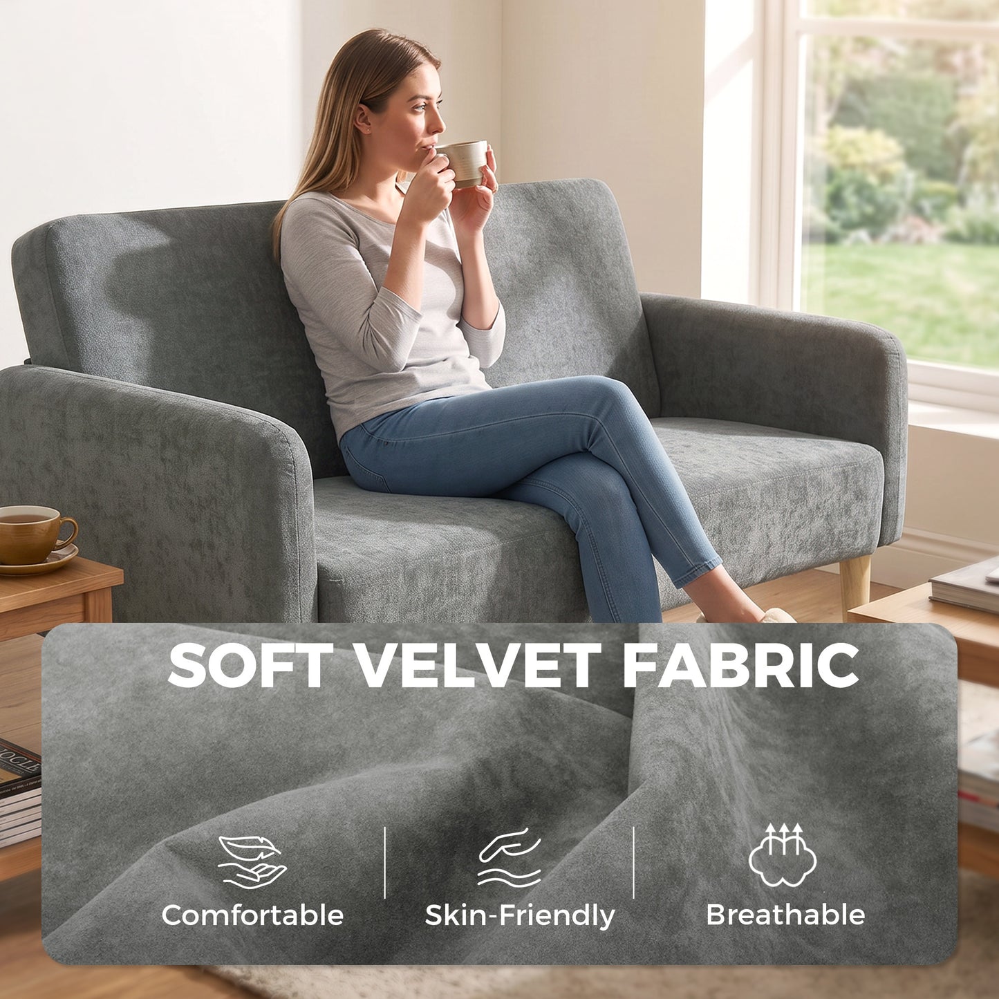 HOMCOM 2 Seater Sofa, Velvet Small Couch with 20cm Thick Padding, Wide and Deep Seat, Grey