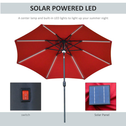 Outsunny 2.7m Garden Parasol Sun Umbrella w/ LED Solar Light Angled Canopy Red