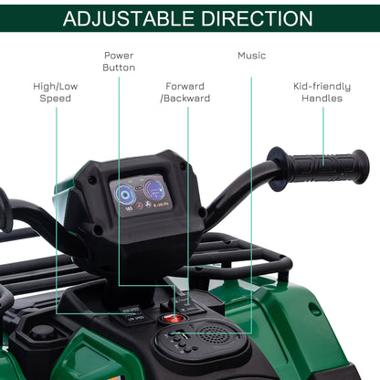 HOMCOM 12V Quad dla dzieci z funkcjami jazdy do przodu i do tyłu, jeździk ATV z muzyką, diodami LED, reflektorami, dla dzieci w wieku 3-5 lat - zielony