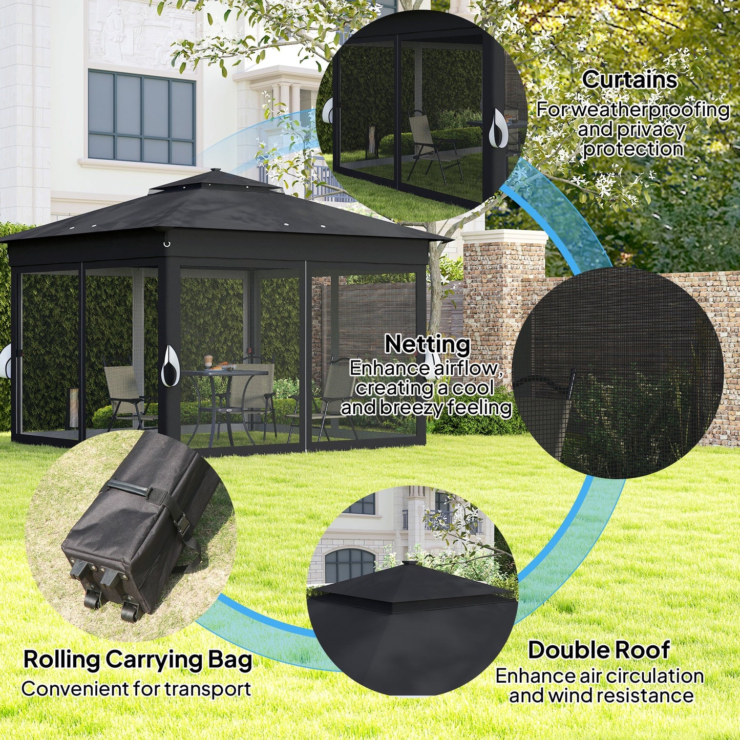 Outsunny 3.36 x 3.36m Pop Up Gazebo Party Tent with Solar-Powered LED Lights, Adjustable Event Shelter with Netting, Black