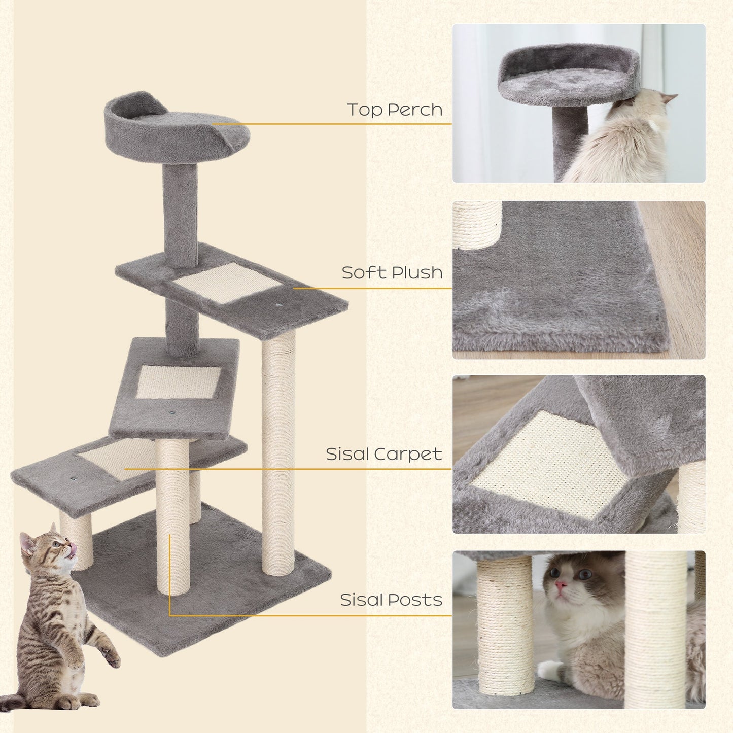 PawHut Cat Tower Kitten Scratch Scratching Scratcher Sisal Post Climbing Tower Activity Centre Grey