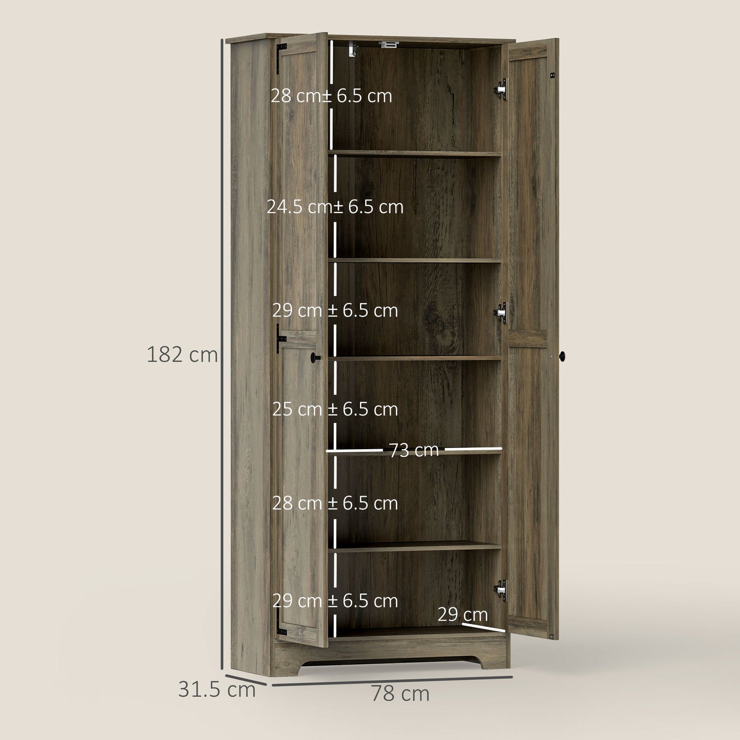 HOMCOM Farmhouse Kitchen Cupboard, Freestanding Kitchen Storage Cabinet with Adjustable Shelves, Tall Storage Cabinet with Recessed Doors, Grey Wood-Effect