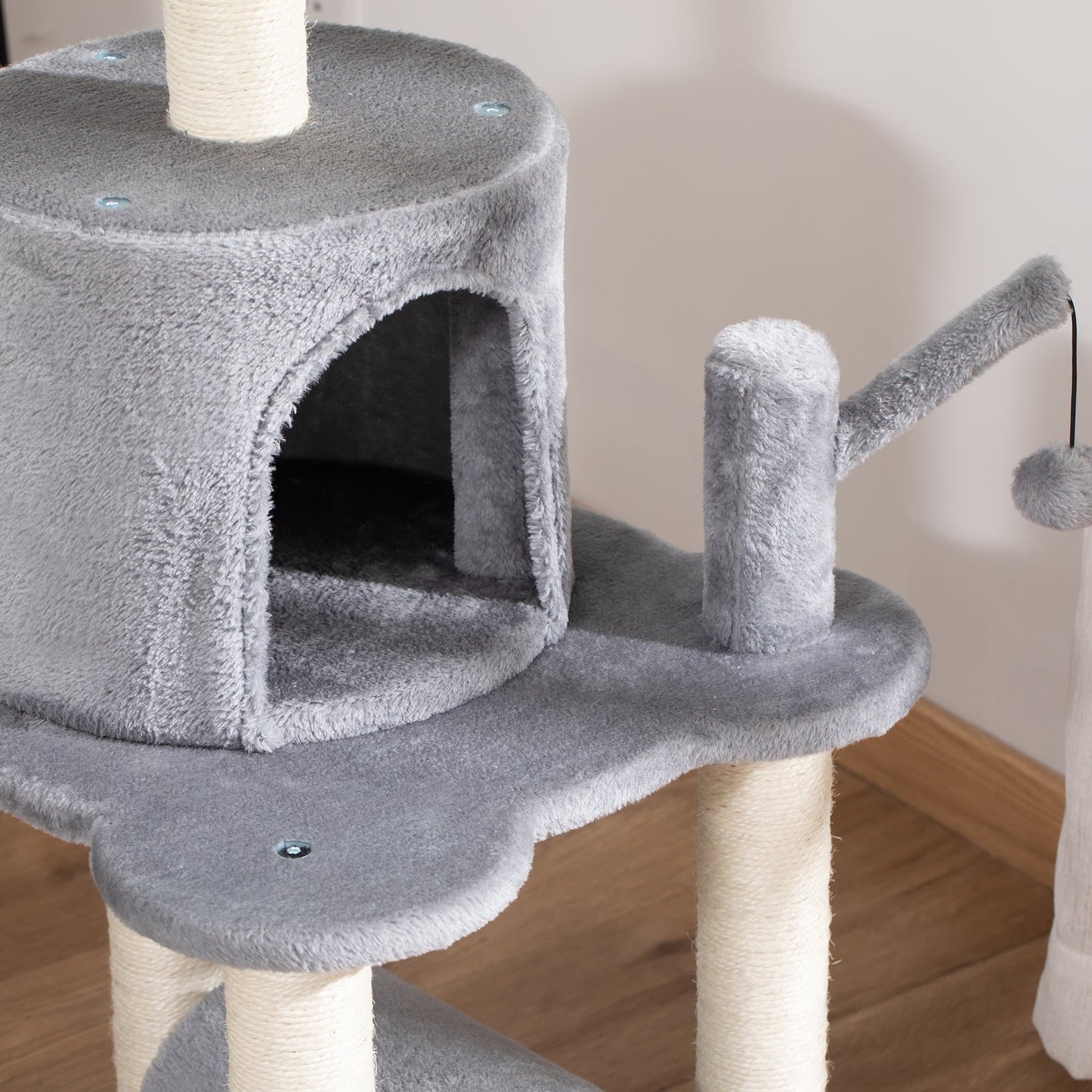 PawHut Cat Tree Tower Climbing Activity Center Kitten Furniture with Jute Scratching Post Bed Tunnel Perch Hanging Balls Grey