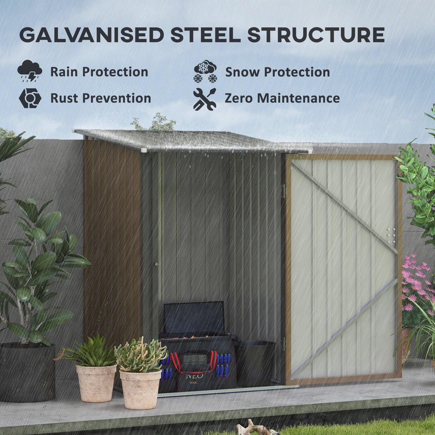 Outsunny 3.3ft x 3.4ft Lean to Garden Shed، سقيفة تخزين معدنية خارجية مع باب واحد قابل للقفل، سقيفة تخزين الأدوات للحديقة، الفناء، العشب، بني