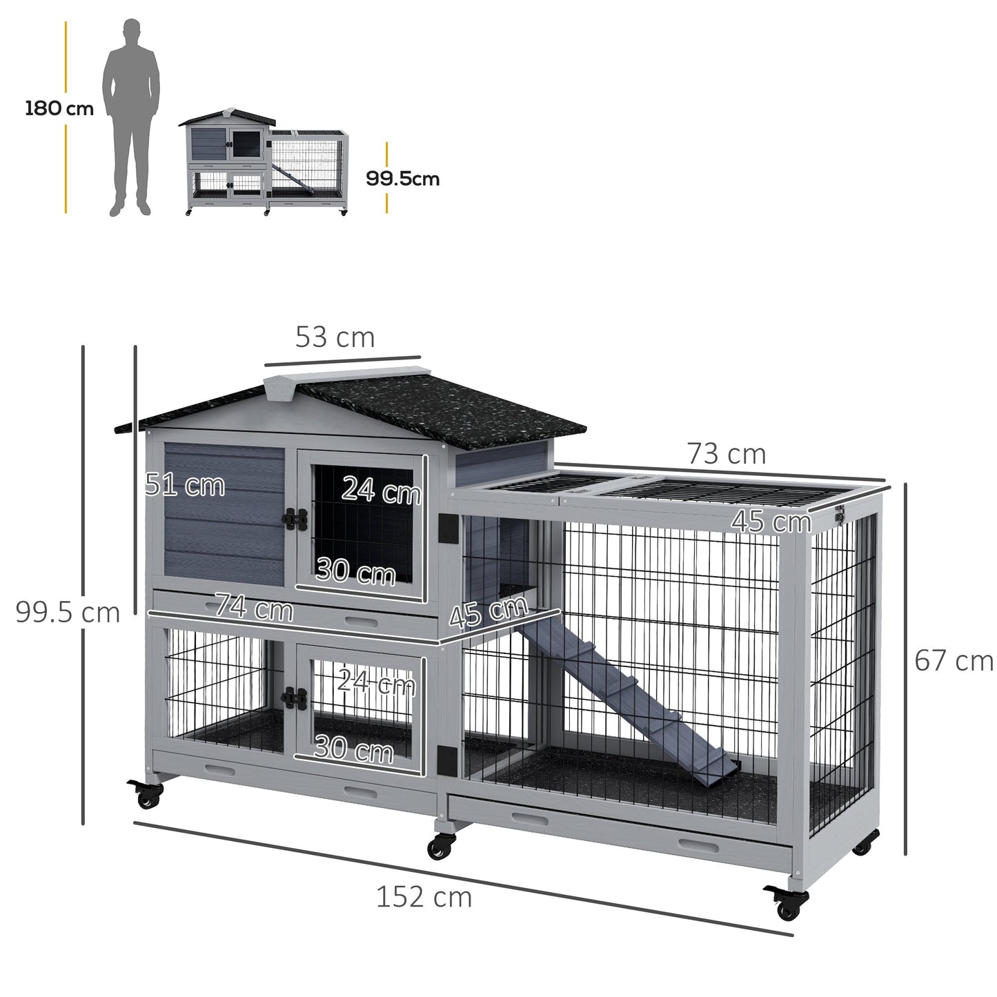 PawHut Portable Rabbit Cage, Rabbit Hutch with Run, Wheels, 3 Slide-out Trays, Ramp, Openable Top for Outdoor Indoor - Grey