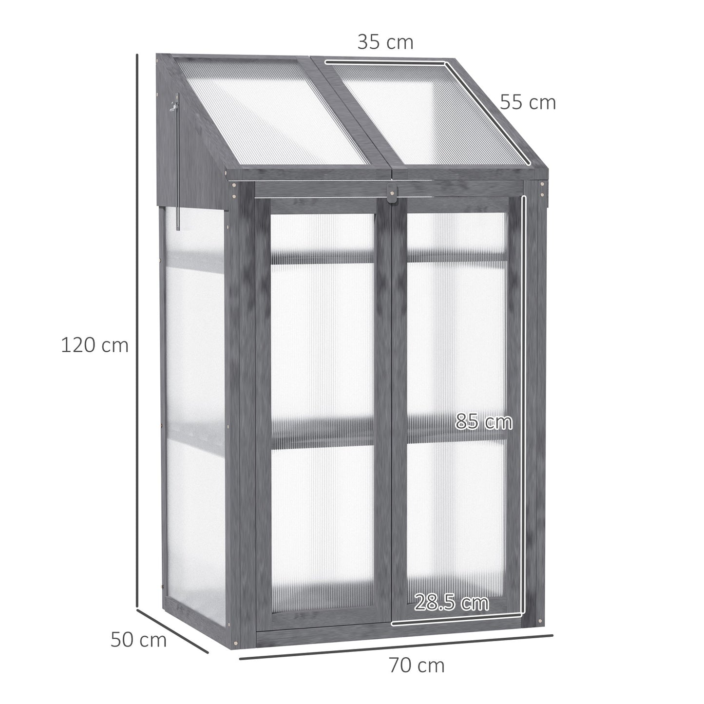 Outsunny Wooden Cold Frame Polycarbonate Greenhouse with Openable Top Cover and Double Door, Grow House for Flower, Vegetable and Plants, 70 x 50 x 120cm, Grey