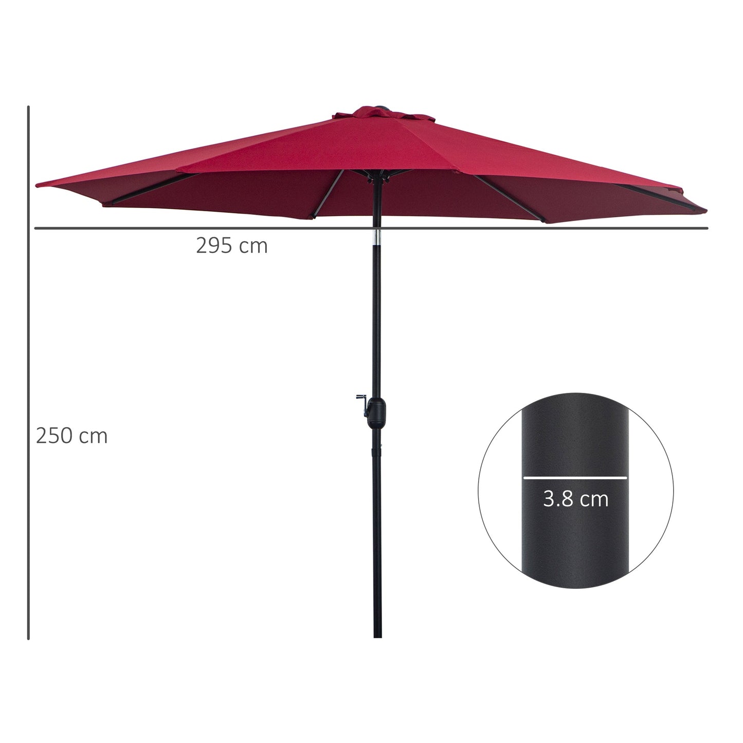 Outsunny 3(m) Parasol ogrodowy z odchylanym parasolem, zewnętrzny parasol przeciwsłoneczny z 8 żebrami, odchylany i korbowy uchwyt na balkon, ławkę, ogród, wino czerwone
