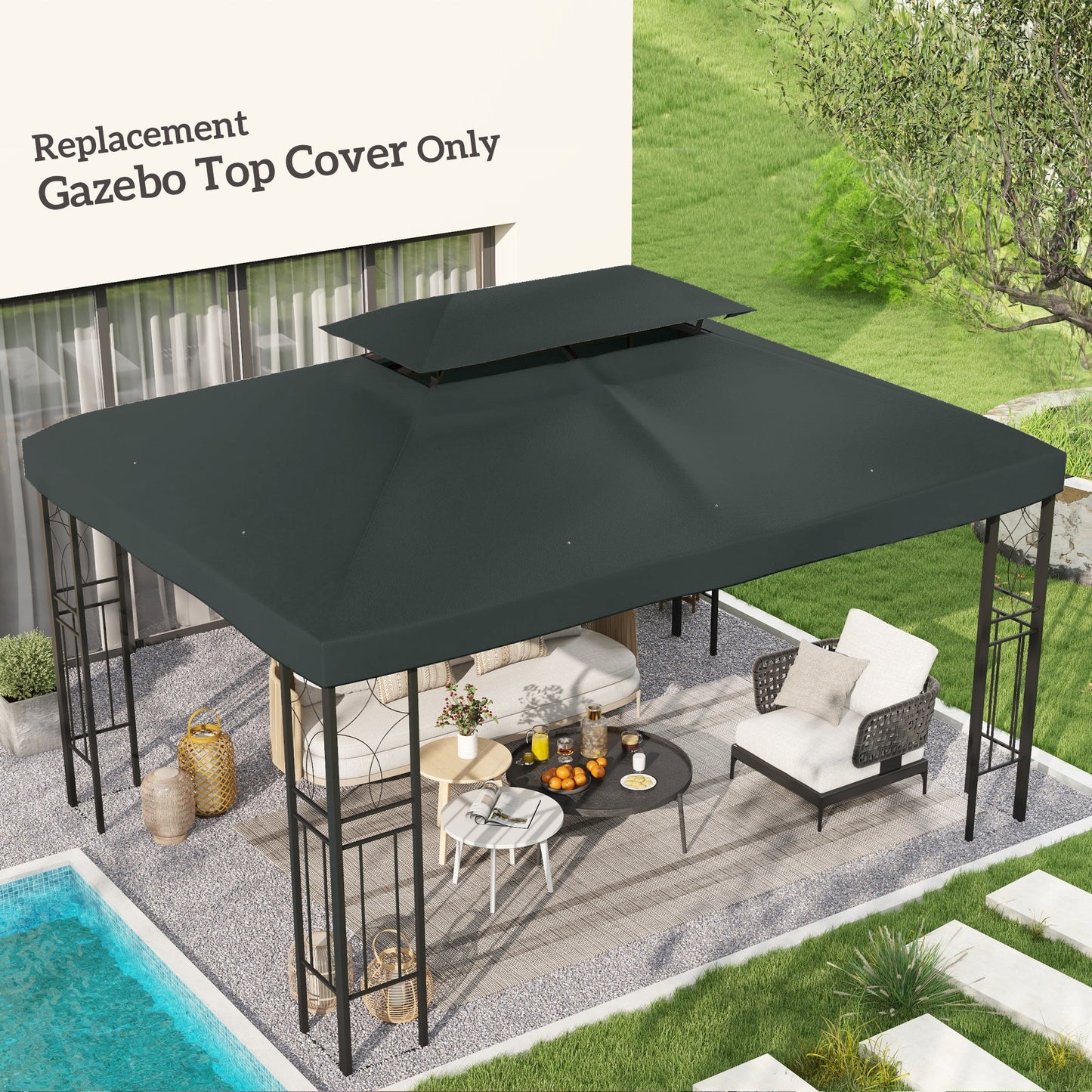 غطاء بديل لمظلة Gazebo مقاس 3 × 4 أمتار من Outsunny، غطاء علوي مكون من طبقتين للسقف ومظلة واقية من الأشعة فوق البنفسجية للحديقة والفناء الخارجي، رمادي فحمي (الغطاء العلوي فقط)