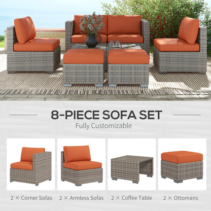 Outsunny Eight-Piece Rattan Garden Set, with Contrast Cushions - Orange/Grey