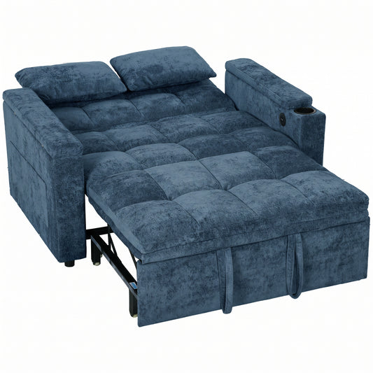 HOMCOM 2 Seater Sofa Bed, 3-in-1 Convertible Pull Out Sleeper Bed with Hidden Table, USB Port, Armrest Storage, Dark Blue