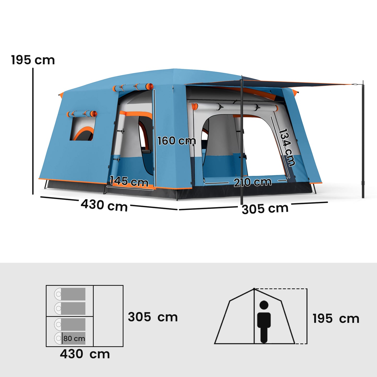 Outsunny 4 Man Camping Tent, Double Layer Tunnel Tent with Porch, Living Area and 2 Bedrooms, Sewn in Groundsheet, 3000mm Waterproof and UPF 30+, Portable with Bag, 430 x 305 x 195 cm Large, Blue