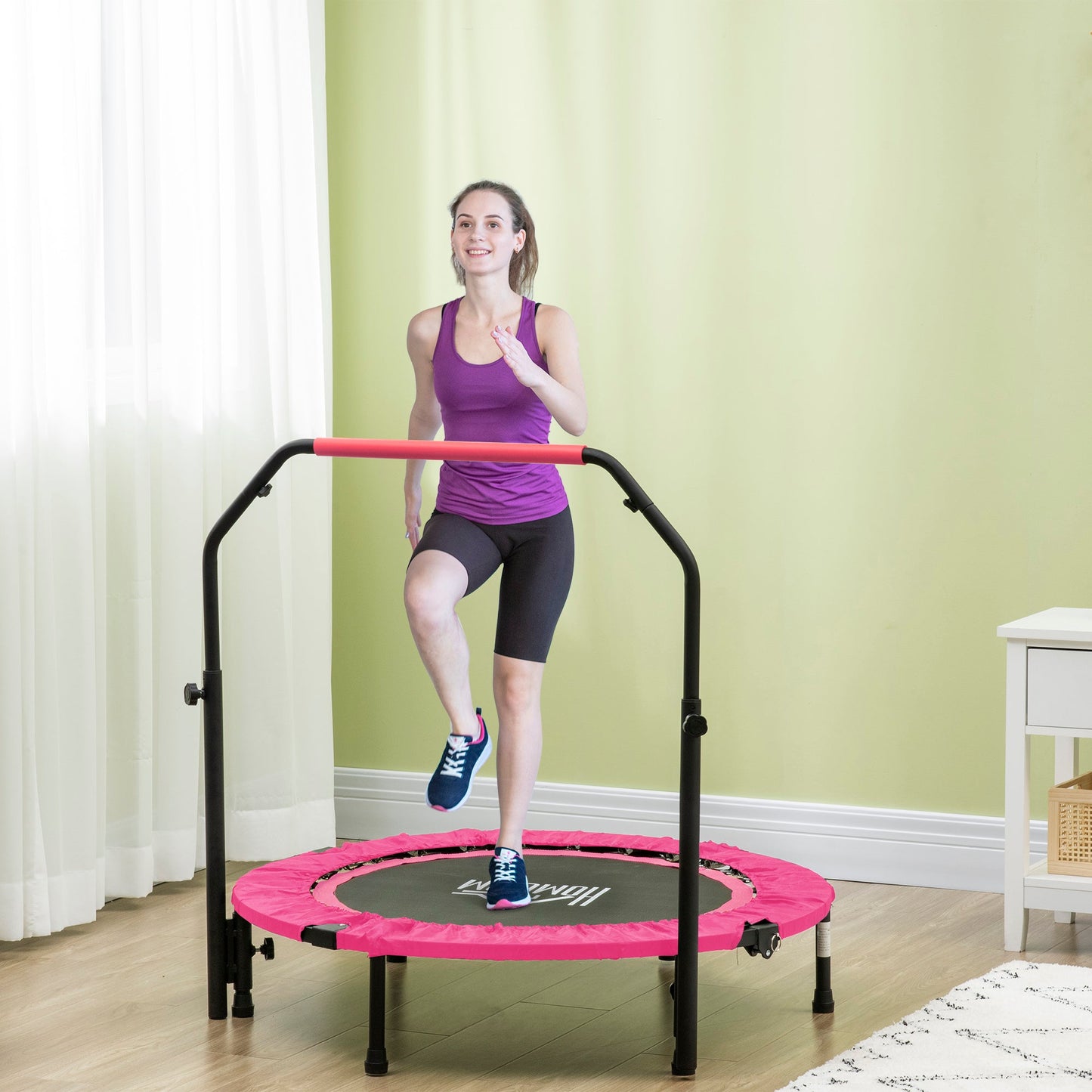 HOMCOM 40" Foldable Mini Fitness Trampoline, with Adjustable Foam Handle, Pink