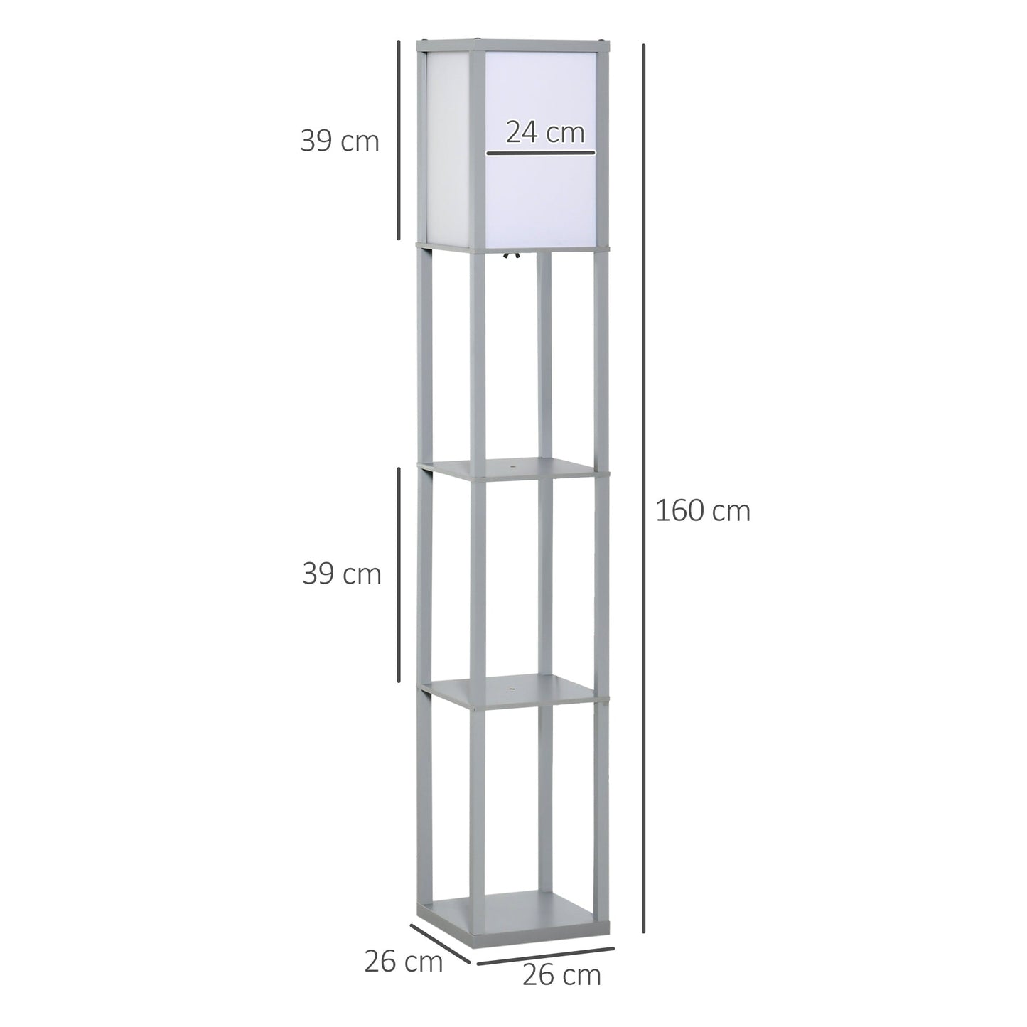 HOMCOM 3-Tier Floor Lamp, Floor Light with Storage Shelf, Reading Standing Lamp with Acrylic Shade for Living Room, Bedroom, Kitchen, Dining Room, Office, Dorm, 160cm, Grey