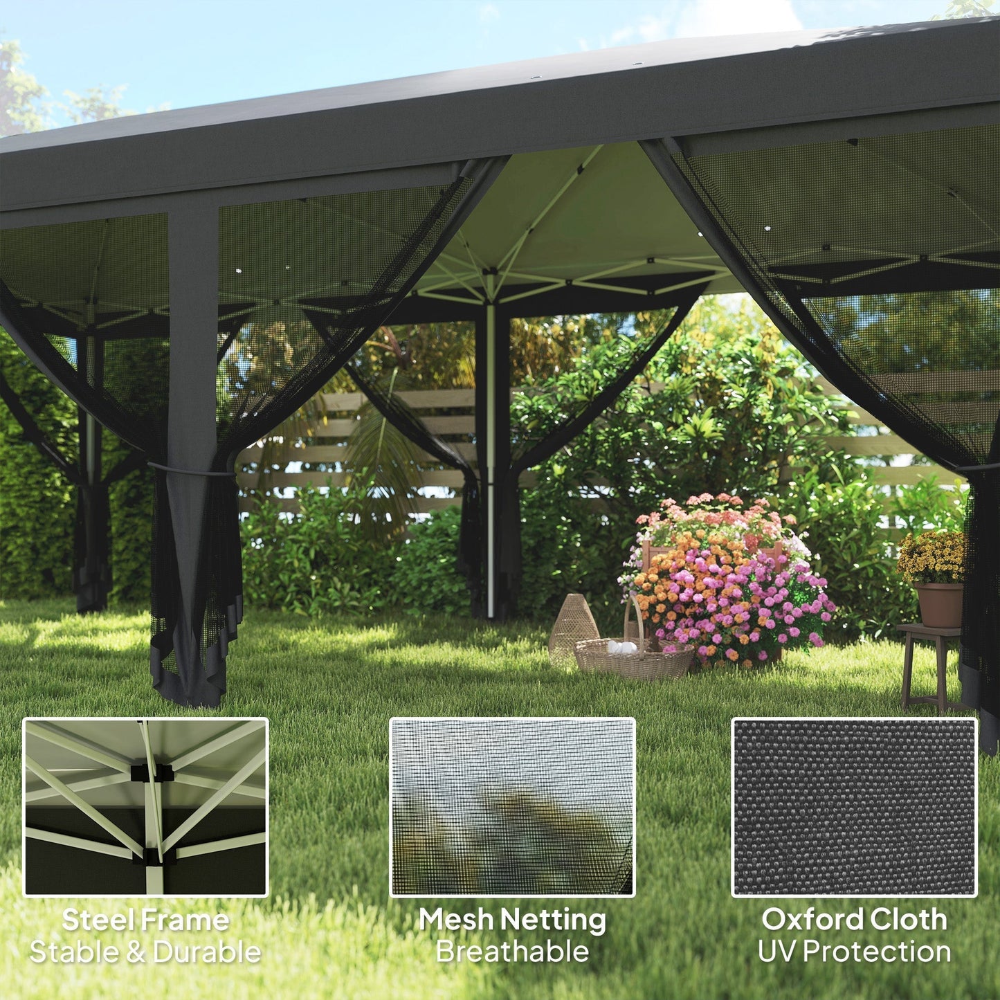 Outsunny 3 x 6m Pop Up Gazebo, Outdoor Canopy Shelter, Marquee Party Wedding Tent with 6 Mesh Walls and Carry Bag, Black