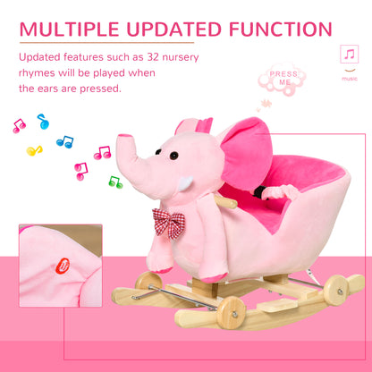 HOMCOM 2 In 1 Plush Baby Ride on Rocking Horse Elephant Rocker with Wheels Wooden Toy for Kids 32 Songs for 18+ Months (Pink)