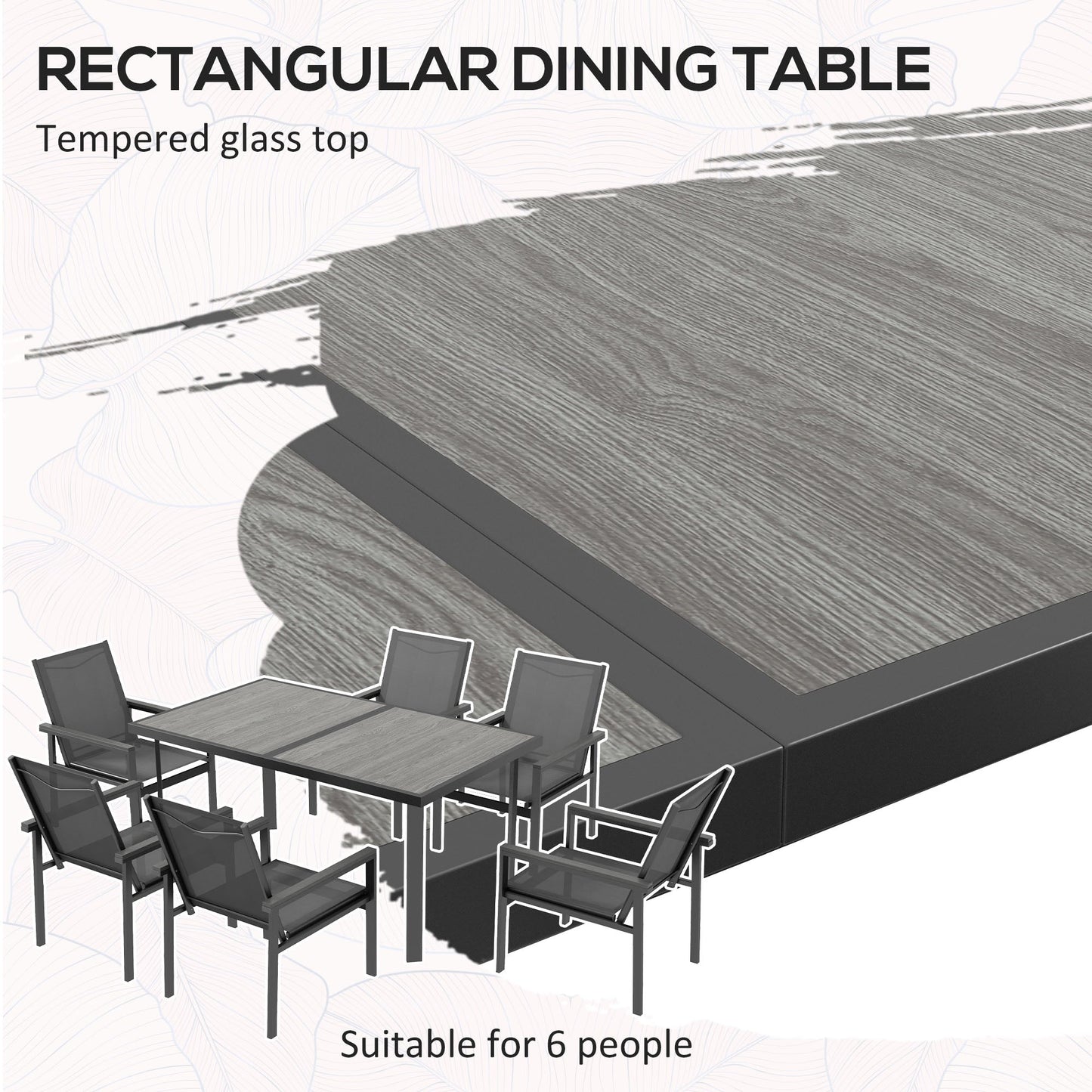 7 Piece Garden Dining Set With Glass Top Table For Outdoor, 6 Breathable Armchairs Mesh Fabric Seats Wood-plastic Composite Armrests Top, Grey