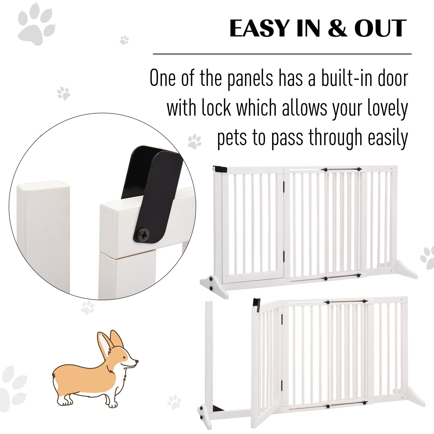 PawHut Pet Gate Freestanding Length Adjustable Wooden Indoor Dog Barrier Fence Safety Gate with Lockable Door 3 Panels White