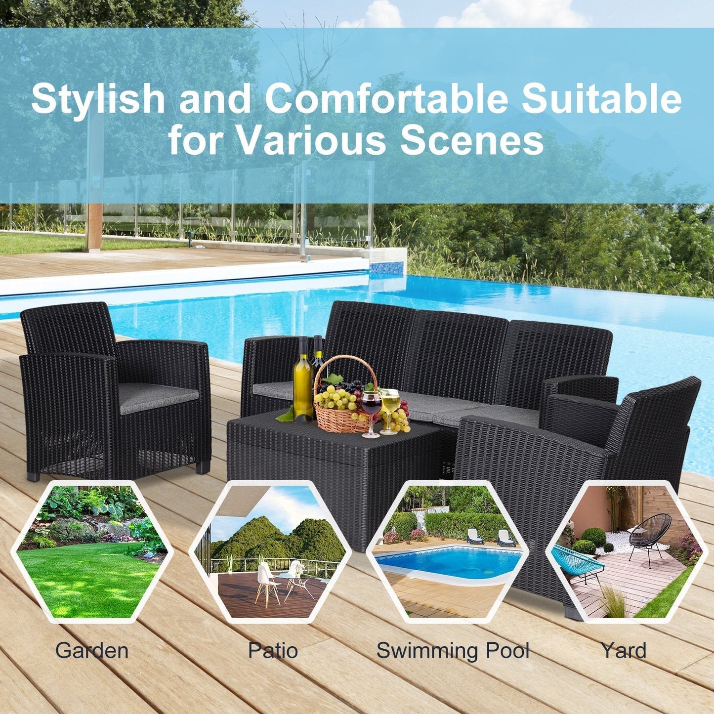 Outsunny 5-Seater Outdoor Garden PP Rattan Effect Furniture Set w/ Cushion Black