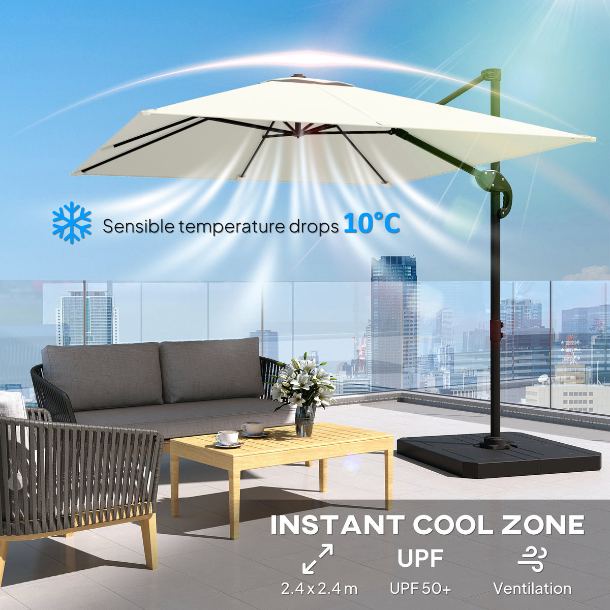 Outsunny 2.4 x 2.4m Cantilever Parasol with Umbrella Weights, UPF50+ Offset Outdoor Umbrella w/ Easy Tilt Adjustment, Cream White