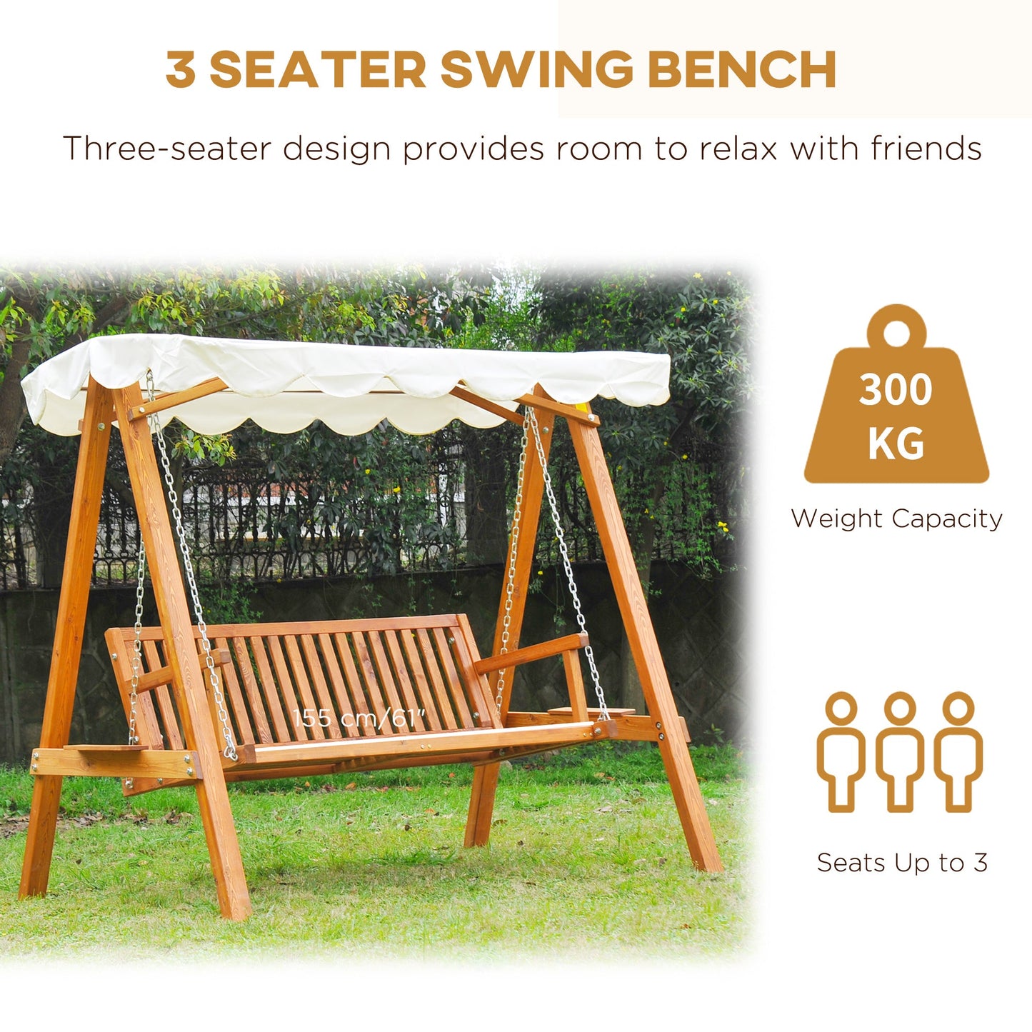 Outsunny 3 Seater Wooden Garden Swing Seat Canopy Swing Chair Outdoor Hammock Bench, Cream White