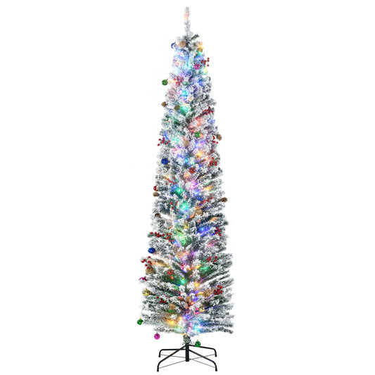 HOMCOM 7.5' Artificial Prelit Christmas Trees Holiday DŽcor with Colourful LED Lights, Flocked Tips, Berry, Pine Cone