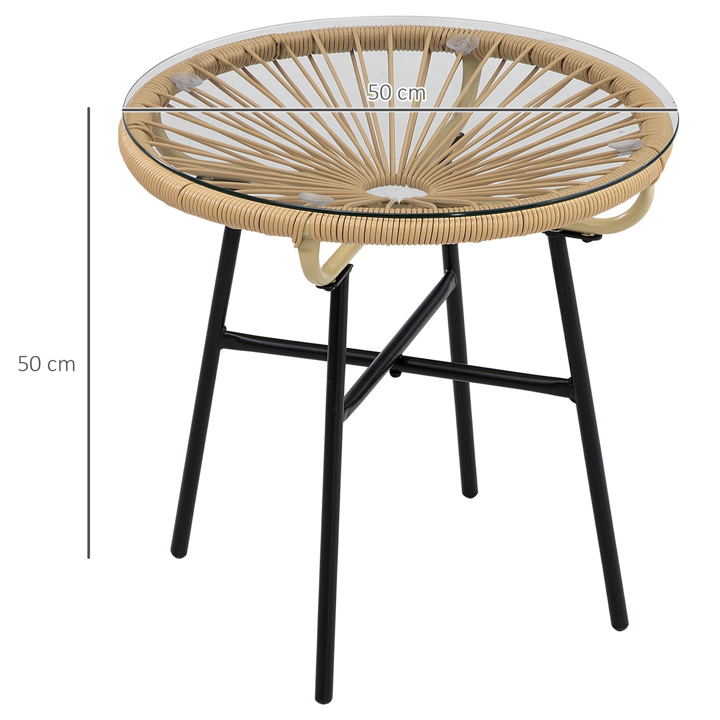 Outsunny Rattan Side Table, Round Outdoor Coffee Table, with Round PE Rattan and Tempered Glass Table Top for Patio, Garden, Balcony, Black