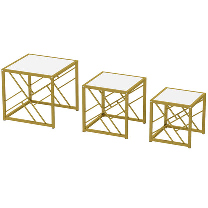 HOMCOM Nesting Coffee Tables, Set of 3 Square Side Tables with Black Metal Frame, for Living Room, Bedroom and Office, White
