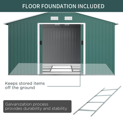 Outsunny 13 x 11 ft Metal Garden Shed Large Patio Roofed Tool Storage Box with Ventilation and Sliding Door, Deep Green