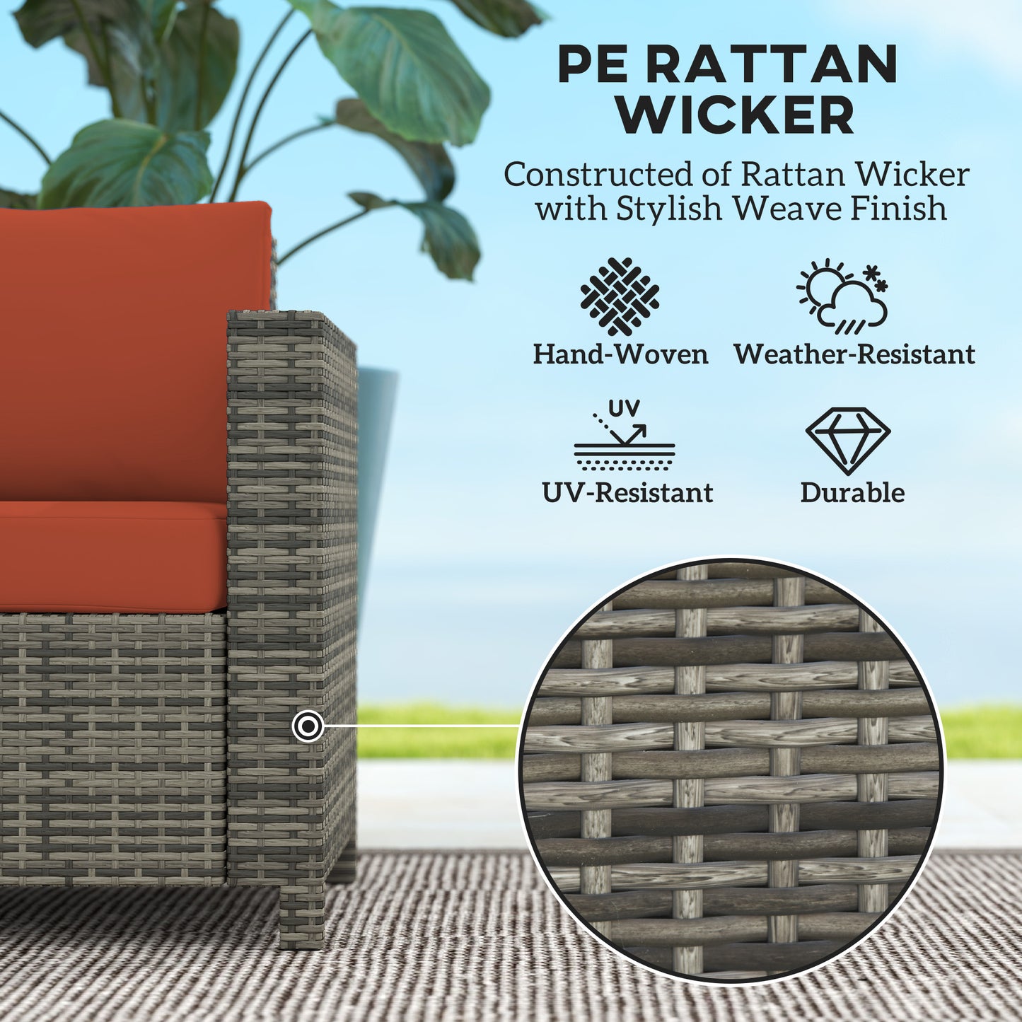 Sofa rattanowa Outsunny, 2-osobowa ogrodowa z miękką wyściółką i podłokietnikami, wiklinowa ogrodowa sofa dwuosobowa na patio, szara