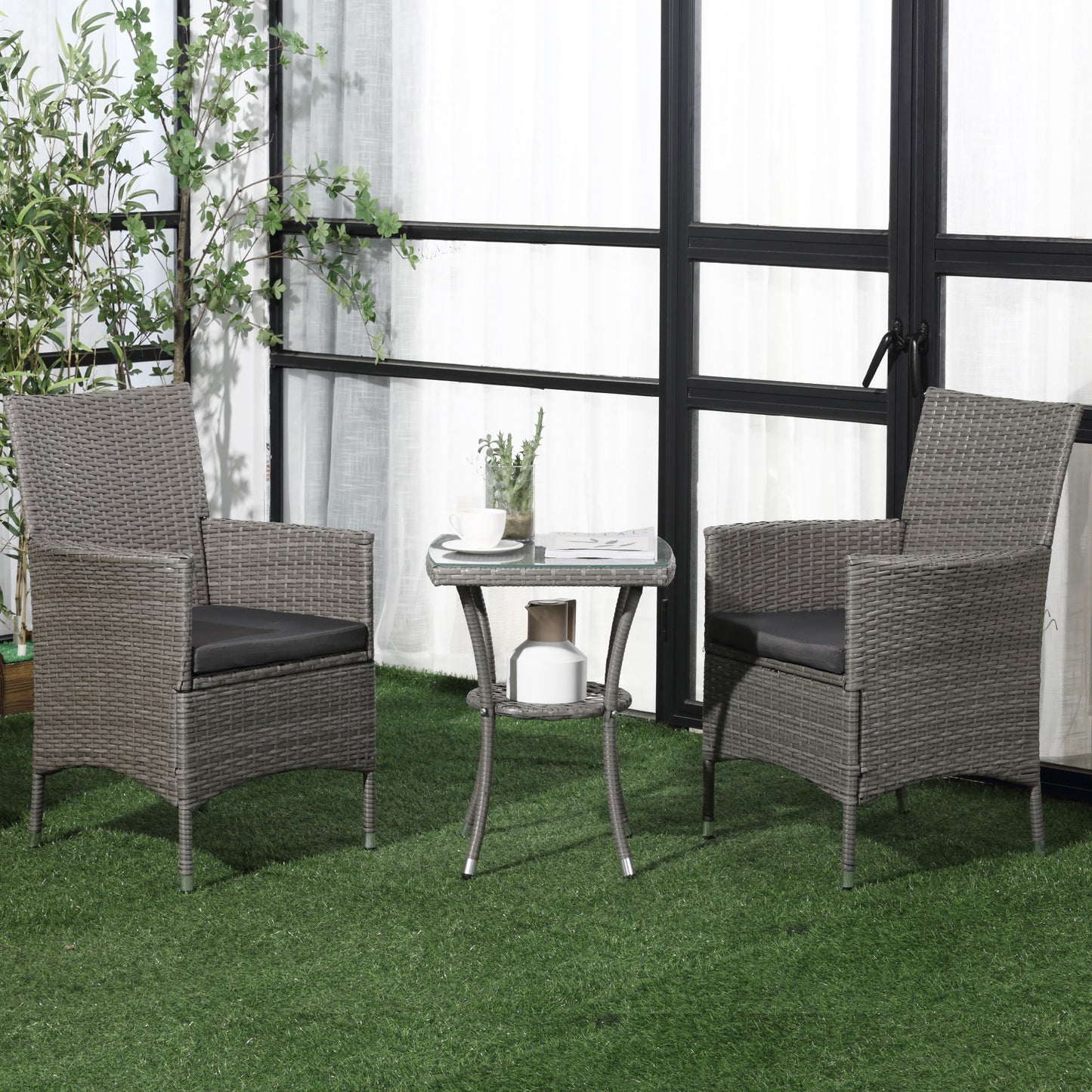 Outsunny 3-częściowy zestaw bistro z rattanu, zestaw mebli ogrodowych z wikliny z 2-poziomowym stolikiem kawowym i krzesłami, zmywalne poduszki, na taras zewnętrzny i balkon, szary