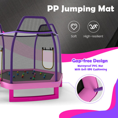 7 Feet Hexagonal Trampoline with Slide and Safety Enclosure Net-Pink