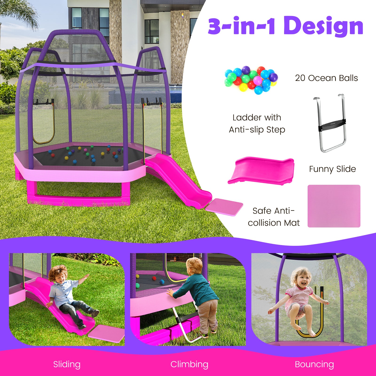 7 Feet Hexagonal Trampoline with Slide and Safety Enclosure Net-Pink