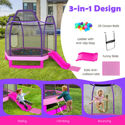 7 Feet Hexagonal Trampoline with Slide and Safety Enclosure Net-Pink