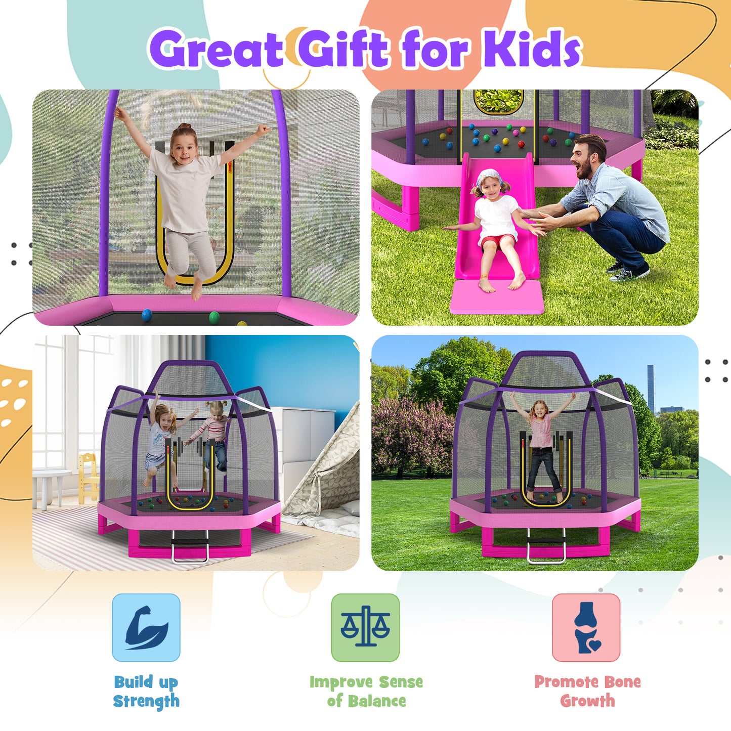 7 Feet Hexagonal Trampoline with Slide and Safety Enclosure Net-Pink