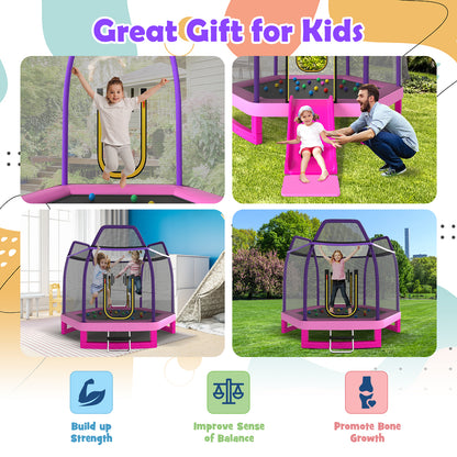 7 Feet Hexagonal Trampoline with Slide and Safety Enclosure Net-Pink