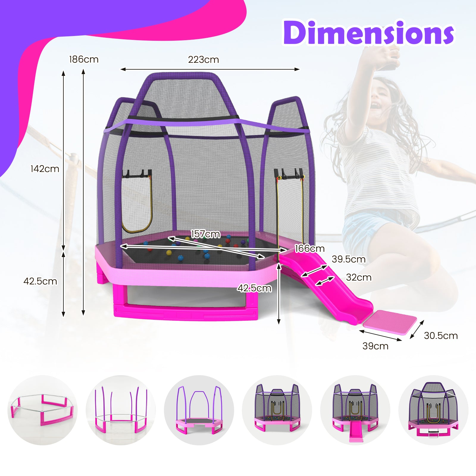 7 Feet Hexagonal Trampoline with Slide and Safety Enclosure Net-Pink