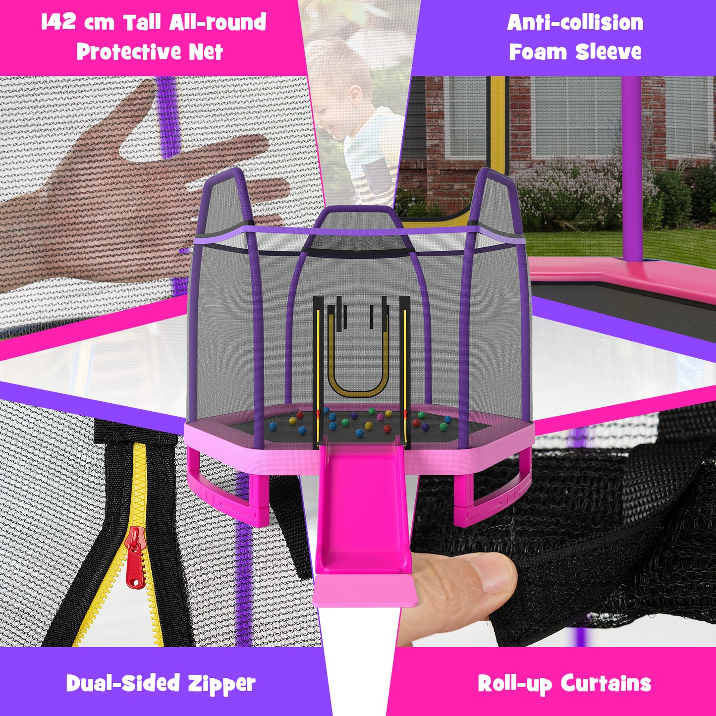 7 Feet Hexagonal Trampoline with Slide and Safety Enclosure Net-Pink