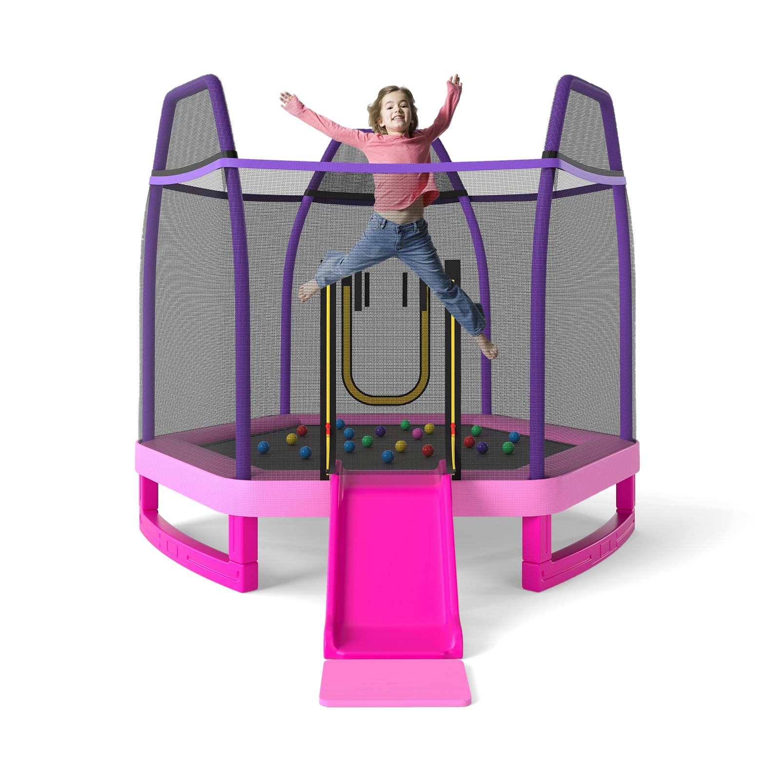 7 Feet Hexagonal Trampoline with Slide and Safety Enclosure Net-Pink