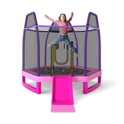 7 Feet Hexagonal Trampoline with Slide and Safety Enclosure Net-Pink