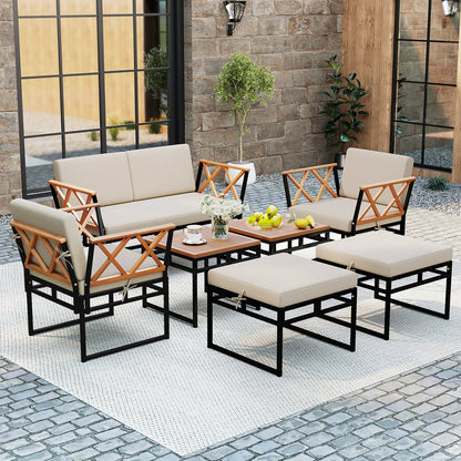 7 Piece Outdoor Conversation Set with Ottomans for Porch-Beige
