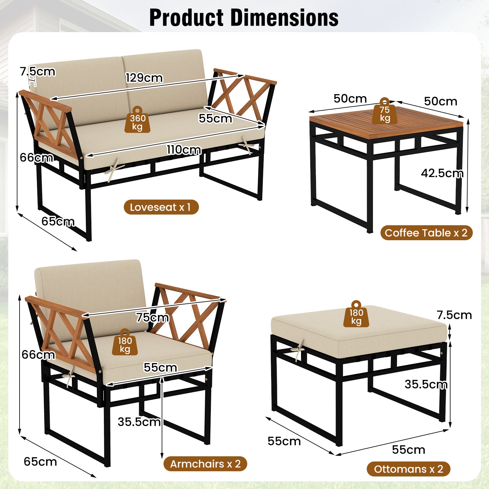 7 Piece Outdoor Conversation Set with Ottomans for Porch-Beige
