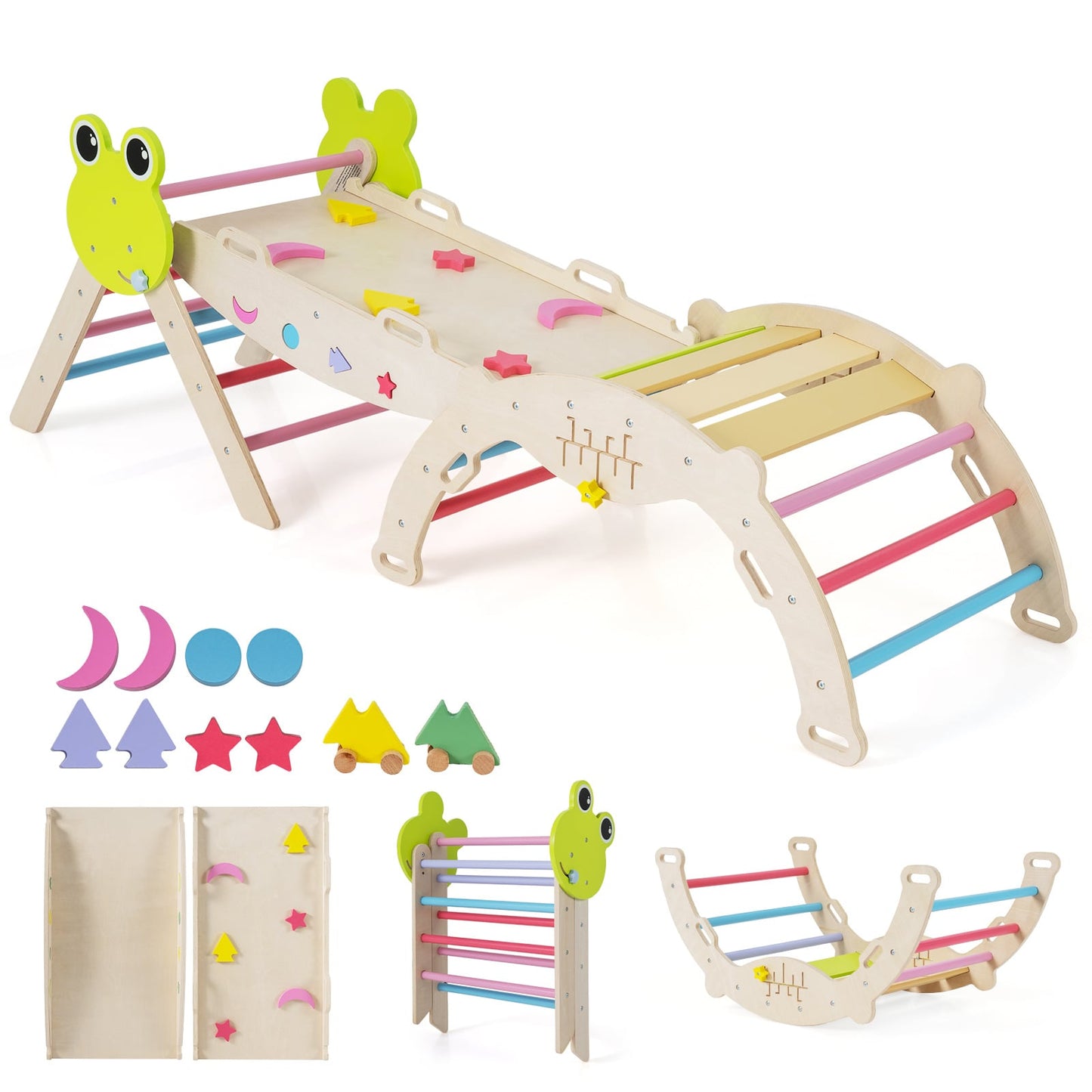 7-in-1 Triangle Set for Kids Frog Climbing Frame with Ramp and Foldable Triangle-Colorful
