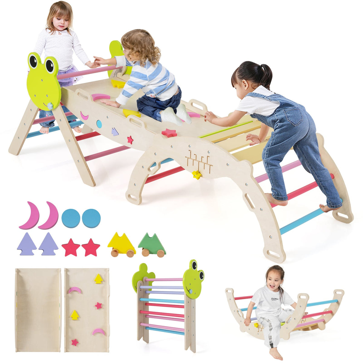 7-in-1 Triangle Set for Kids Frog Climbing Frame with Ramp and Foldable Triangle-Colorful