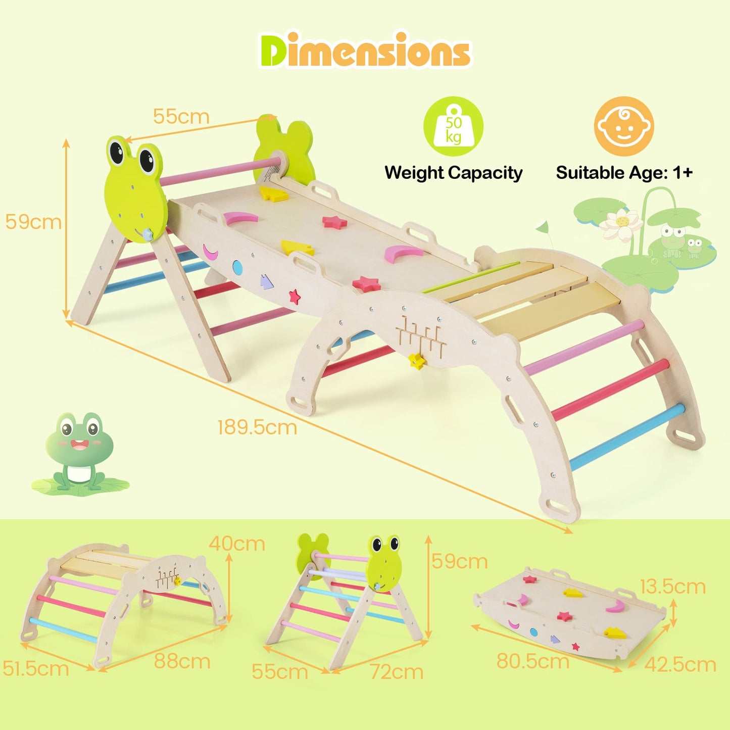 7-in-1 Triangle Set for Kids Frog Climbing Frame with Ramp and Foldable Triangle-Colorful