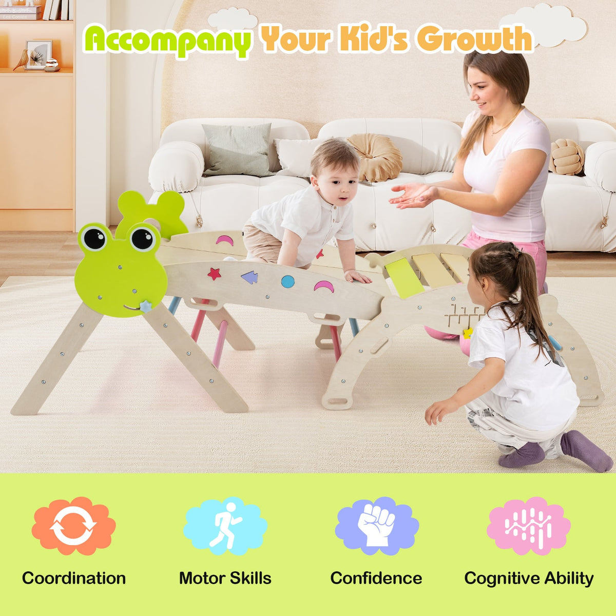 7-in-1 Triangle Set for Kids Frog Climbing Frame with Ramp and Foldable Triangle-Colorful