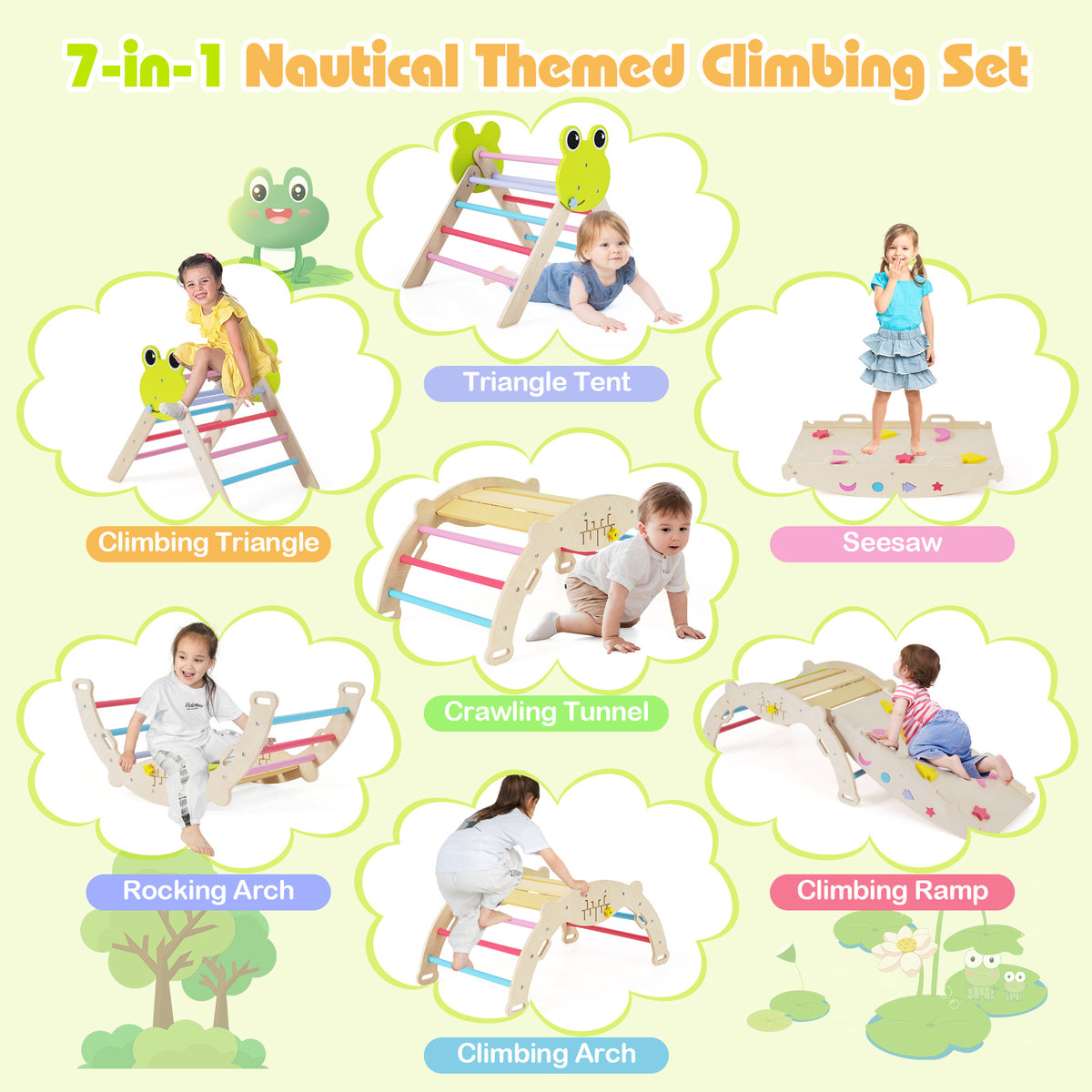 7-in-1 Triangle Set for Kids Frog Climbing Frame with Ramp and Foldable Triangle-Colorful