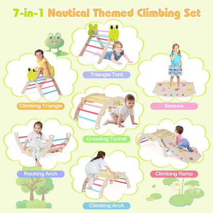 7-in-1 Triangle Set for Kids Frog Climbing Frame with Ramp and Foldable Triangle-Colorful