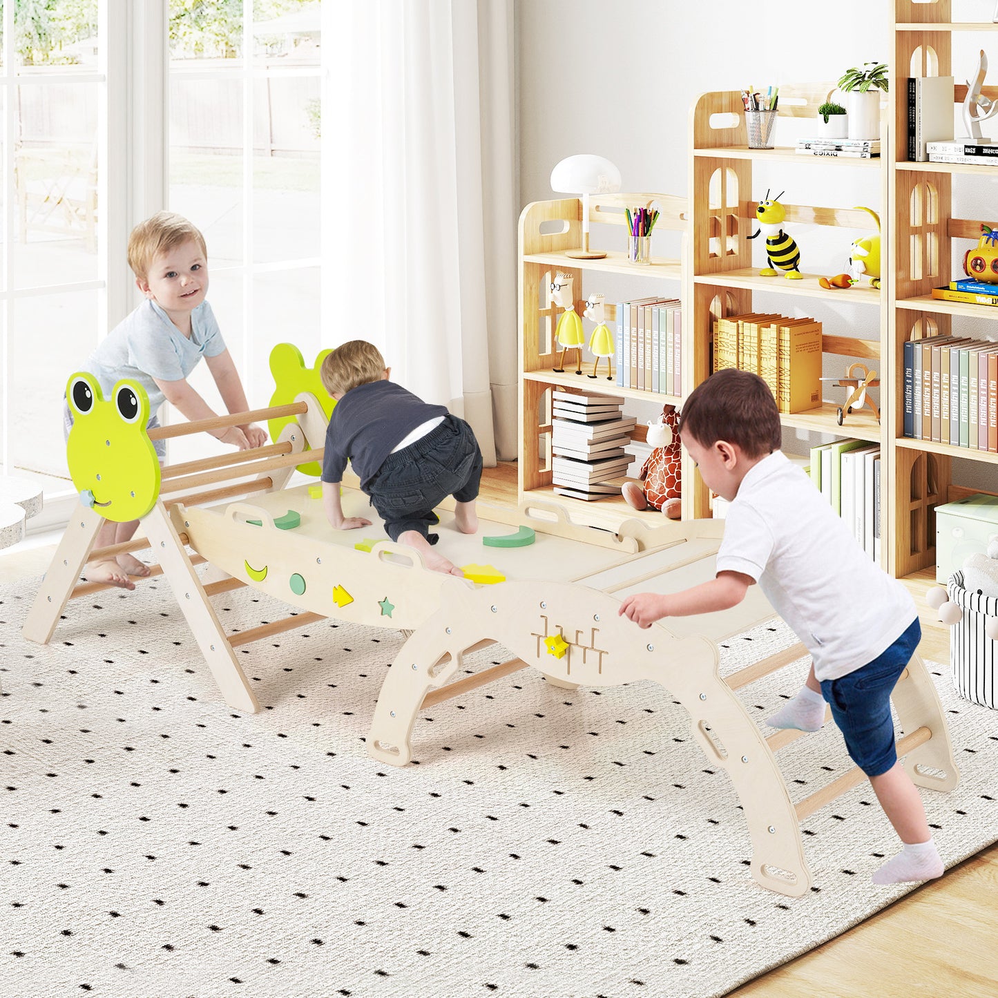7-in-1 Triangle Set for Kids Frog Climbing Frame with Ramp and Foldable Triangle-Natural