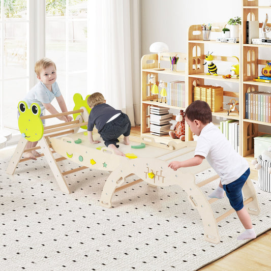7-in-1 Triangle Set for Kids Frog Climbing Frame with Ramp and Foldable Triangle-Natural