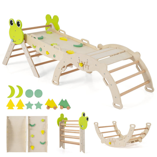 7-in-1 Triangle Set for Kids Frog Climbing Frame with Ramp and Foldable Triangle-Natural